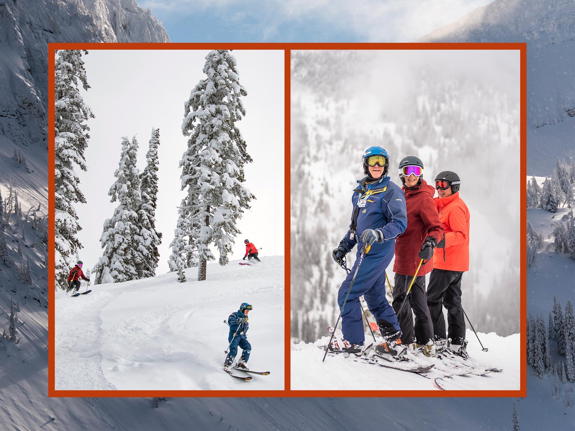 Two images of three “Silver Sliders”, skiing down the mountain and before a ski down hill.